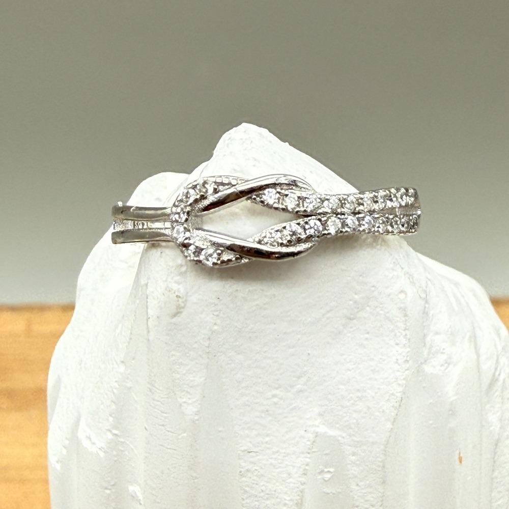Sterling Silver 925 Adjustable Love Knot Ring CZ Stones Pave Bypass Band 1.6g